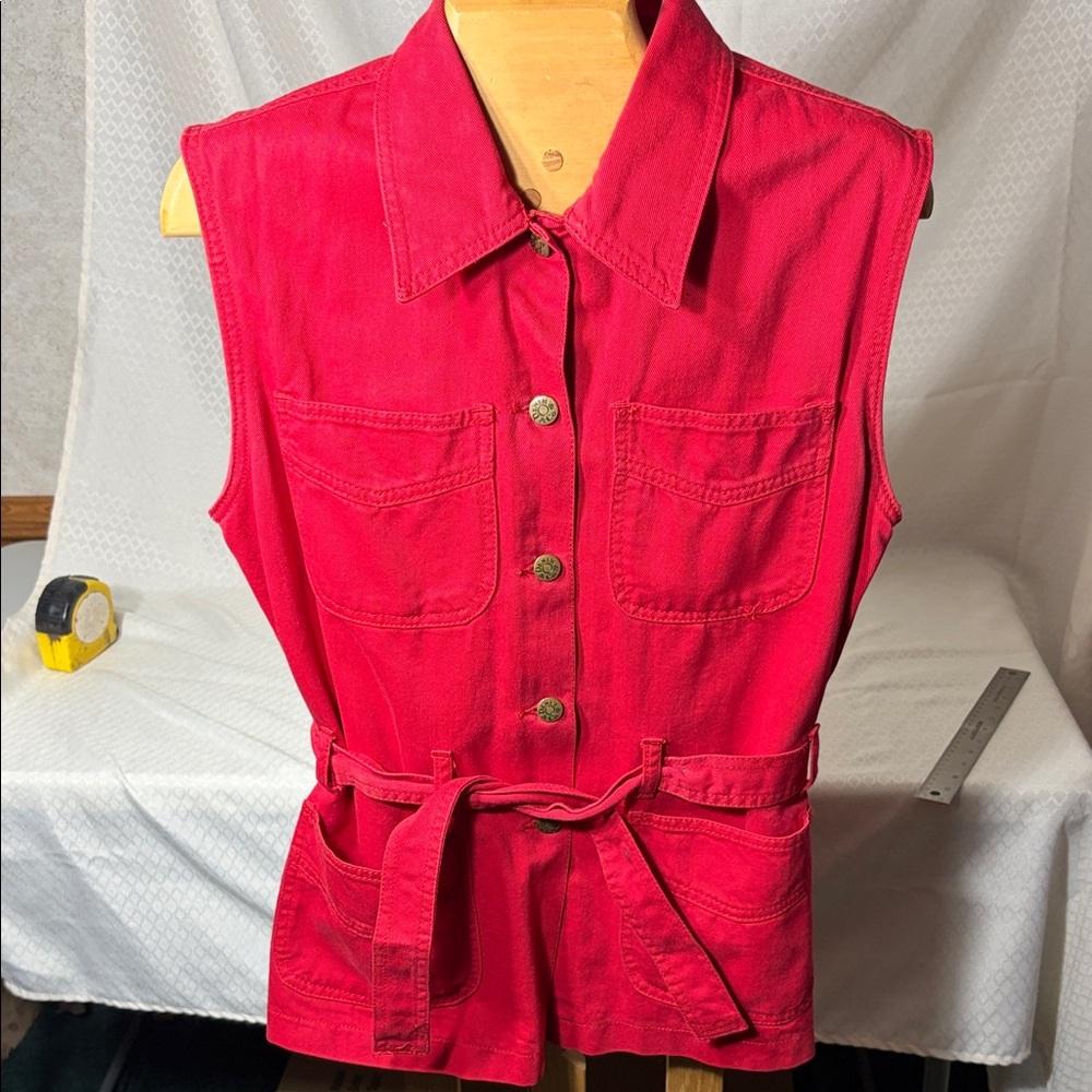 Sleeveless Red Jean Button Down Shirt